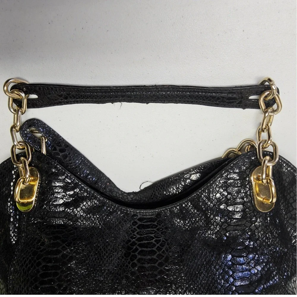 Michael Kors Fulton Shoulder Bag‎ Womens Large Black Snake Embossed Leather Gold